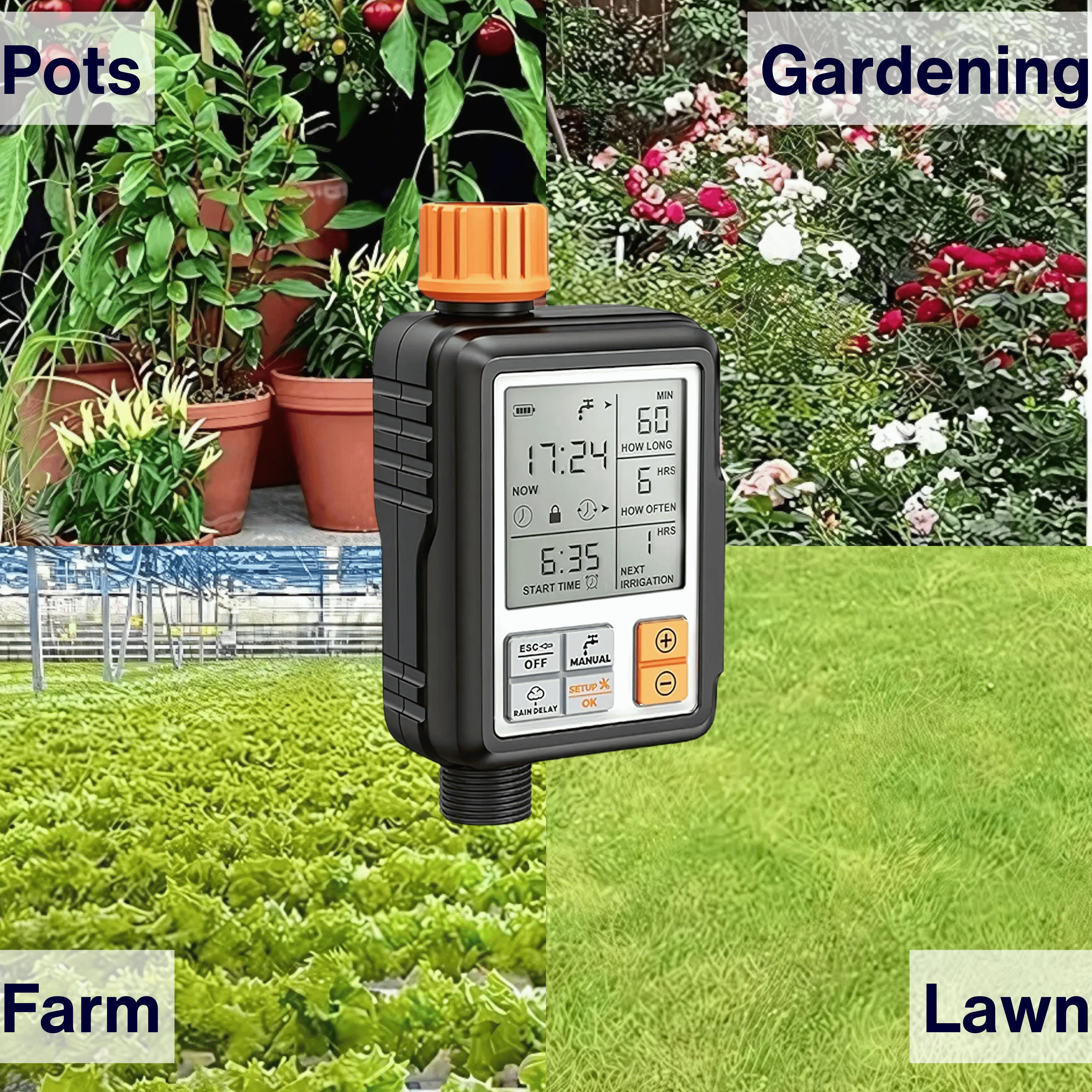 Smart Drip Water Timer – Digital Fully Automatic Watering Controller with 3-Inch Large Screen, Child Lock, and Programmable Auto/Manual Irrigation Modes for Efficient Lawn and Garden Management