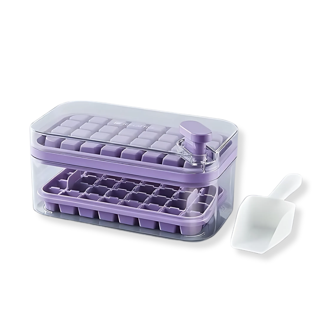 HomeCloud Plastic 2 Layer Ice Cube Tray with Lid & Bin, Square Ice Cubes Molds with Ice Scoop, One Tap Easy Release & Save Space, Bpa Free Ice Cube Storage Container 64 Ice Cubes