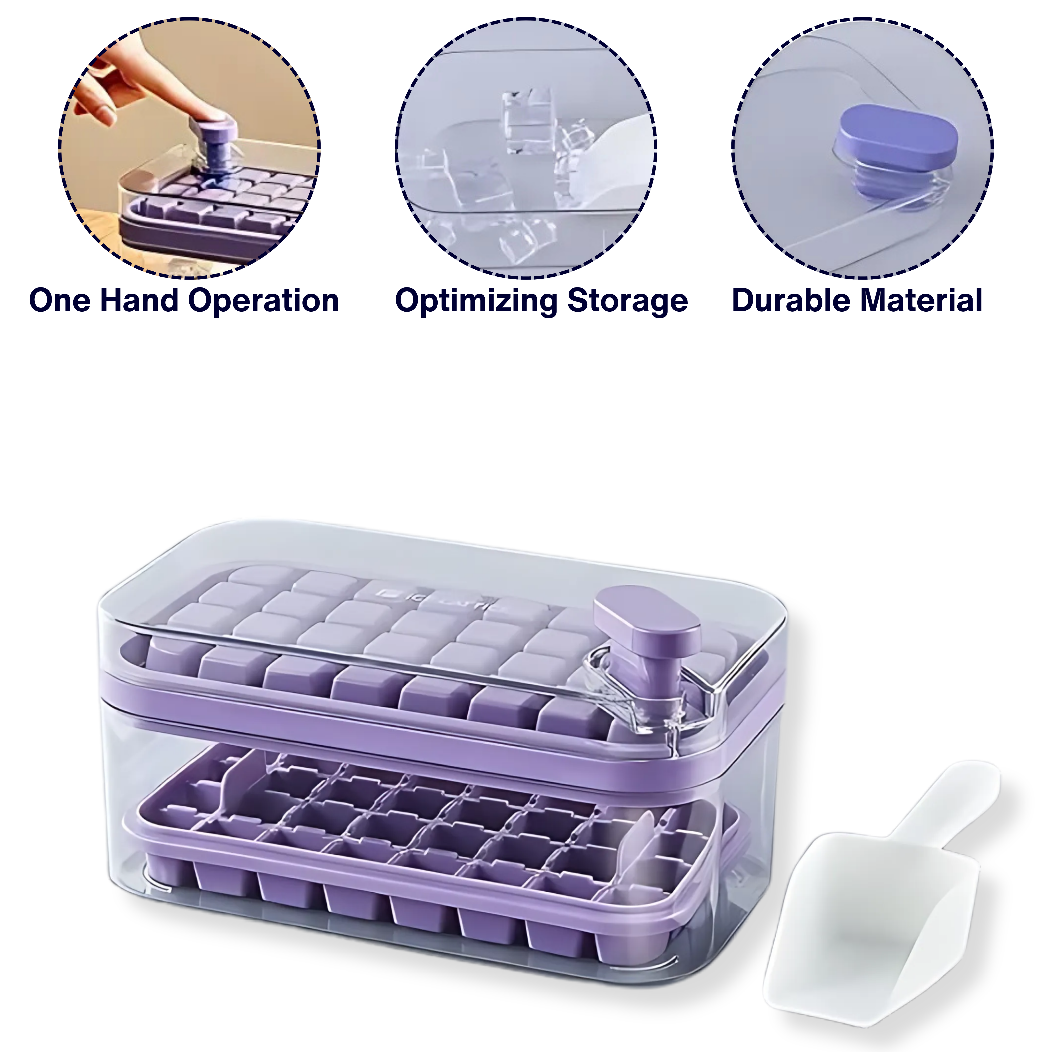 HomeCloud Plastic 2 Layer Ice Cube Tray with Lid & Bin, Square Ice Cubes Molds with Ice Scoop, One Tap Easy Release & Save Space, Bpa Free Ice Cube Storage Container 64 Ice Cubes