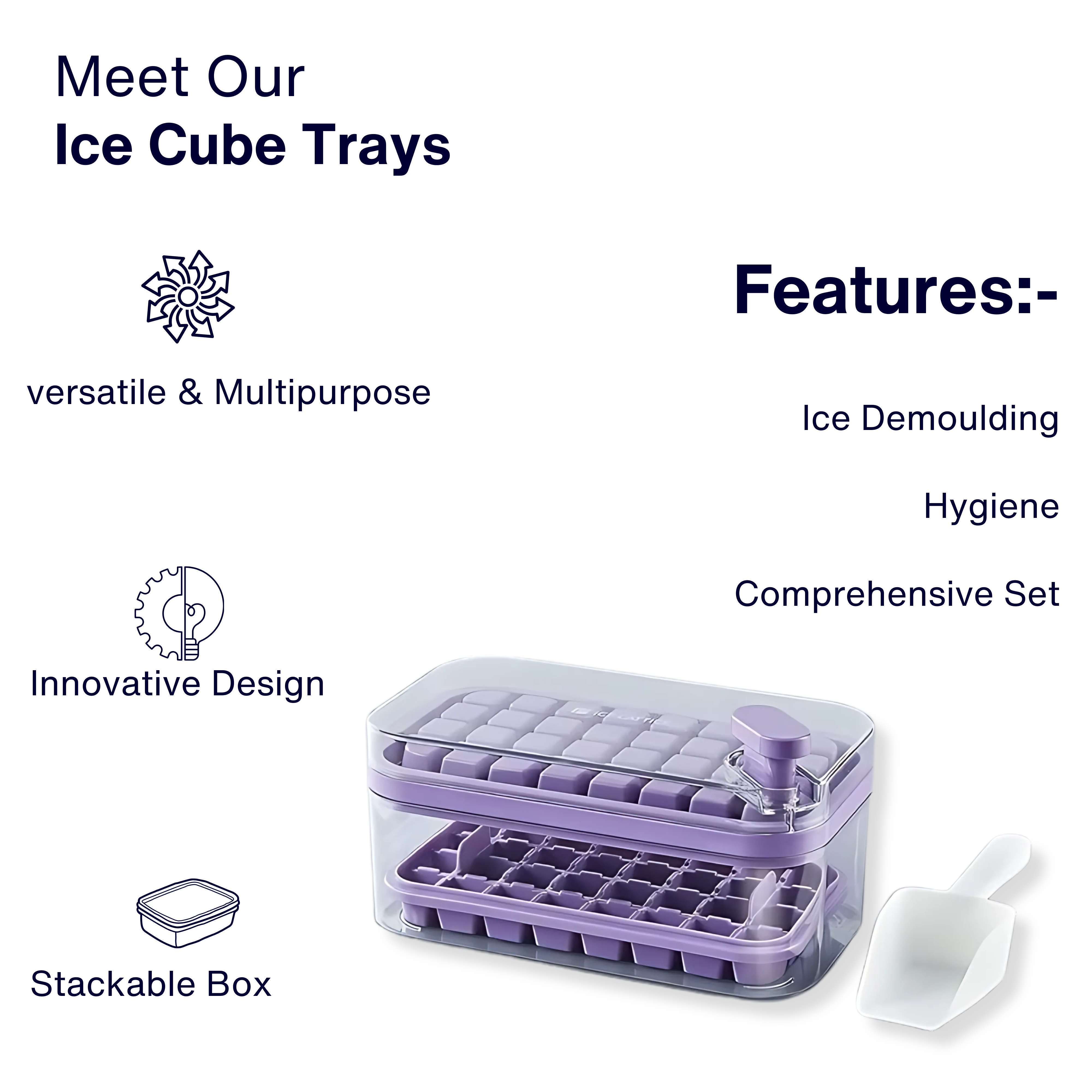 HomeCloud Plastic 2 Layer Ice Cube Tray with Lid & Bin, Square Ice Cubes Molds with Ice Scoop, One Tap Easy Release & Save Space, Bpa Free Ice Cube Storage Container 64 Ice Cubes