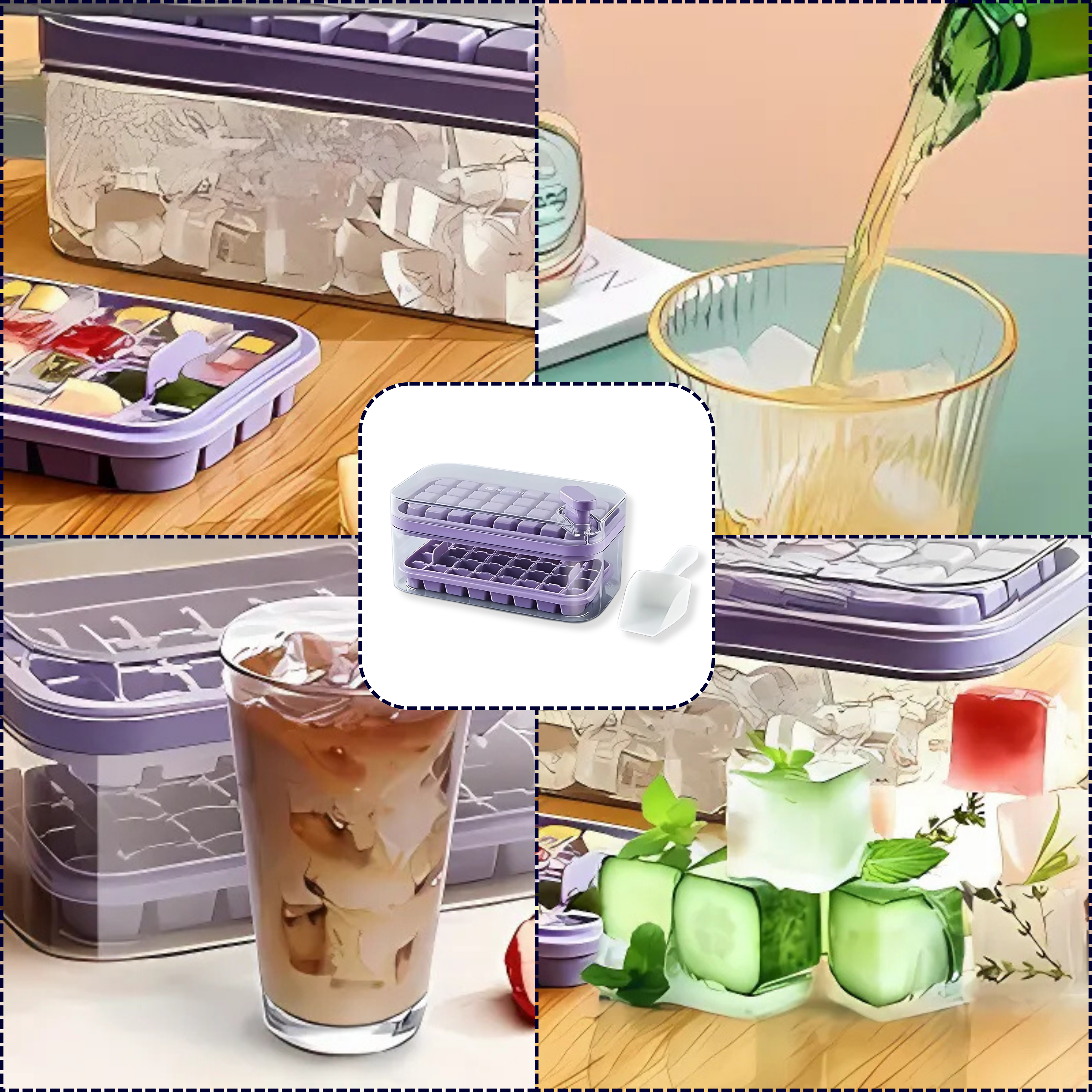 HomeCloud Plastic 2 Layer Ice Cube Tray with Lid & Bin, Square Ice Cubes Molds with Ice Scoop, One Tap Easy Release & Save Space, Bpa Free Ice Cube Storage Container 64 Ice Cubes